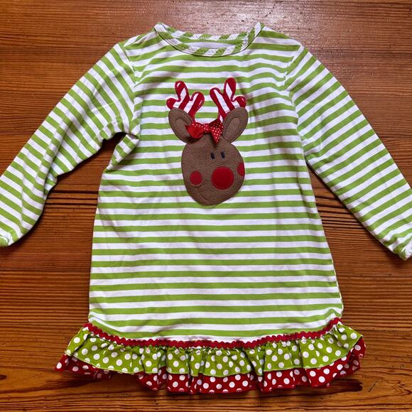 Christmas green white striped reinseer polkadot ruffle long sleeve dress SIZE 5 - Picture 1 of 4